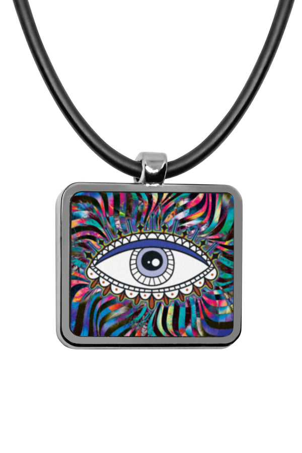 Evil Eye Pendant necklace Square charms artwork mexican evil eye decor iridescent holographic pyschedelic Stainless Occult Witchcraft Pendant Accessories