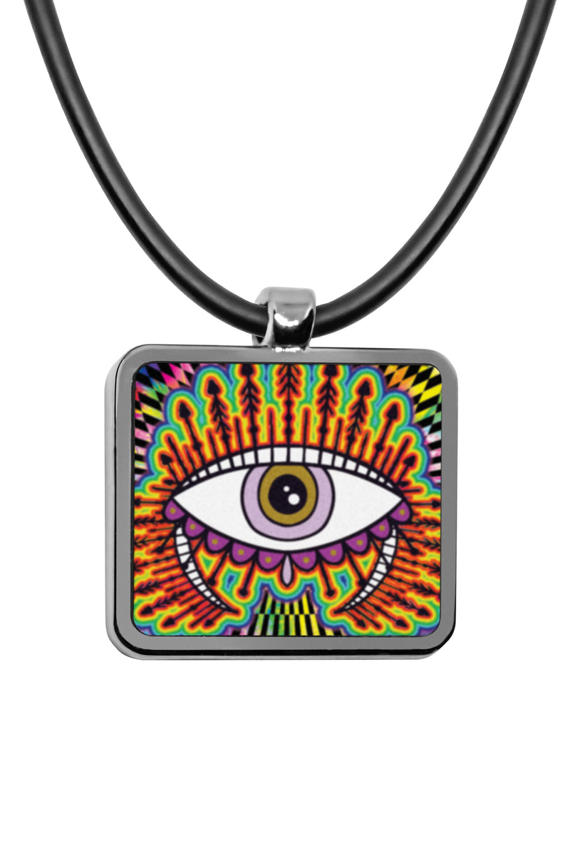 Evil Eye Pendant necklace Square charms artwork mexican evil eye decor iridescent holographic pyschedelic Stainless Pendant Accessories