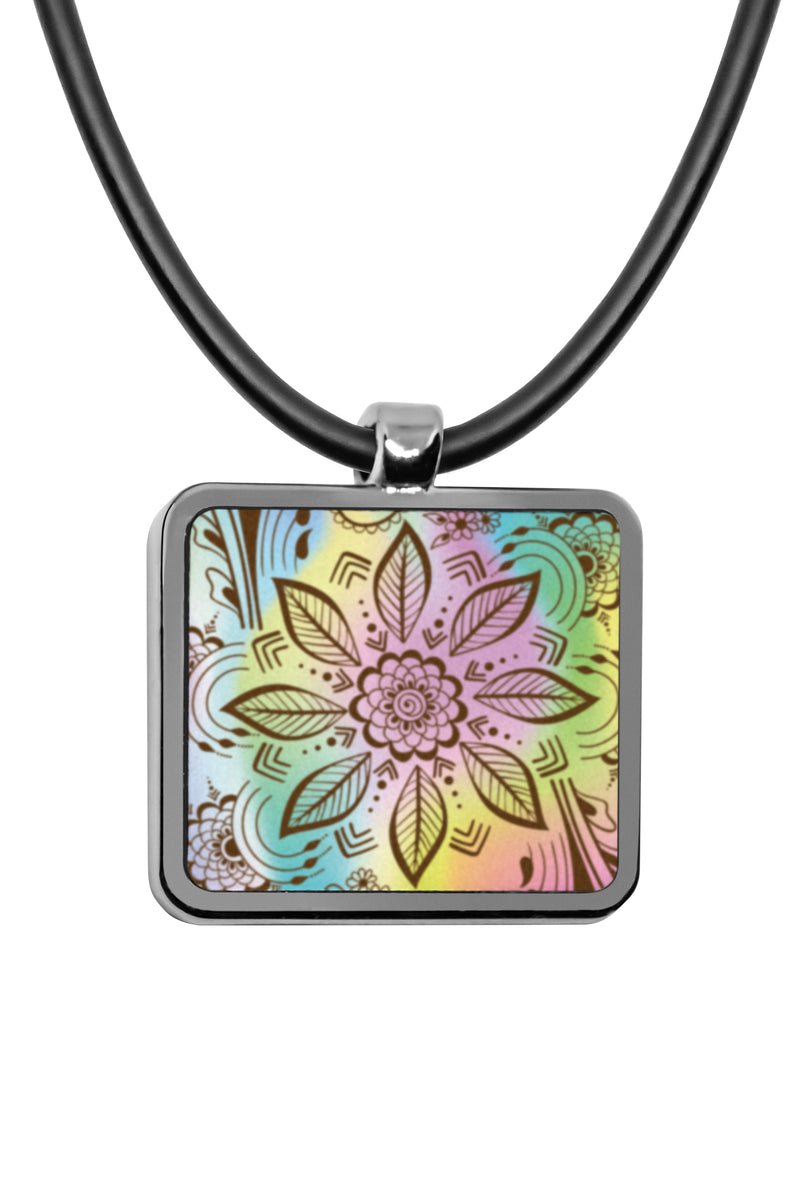 Henna Pendant necklace Square charms artwork holographic iridescent rainbow stencil henna ink pyschedelic Stainless Pendant Accessories