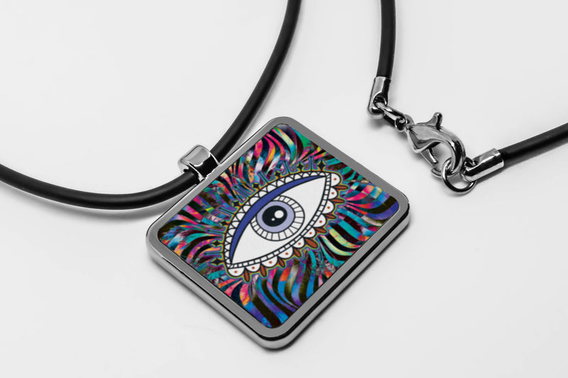 Evil Eye Pendant necklace Square charms artwork mexican evil eye decor iridescent holographic pyschedelic Stainless Pendant Accessories