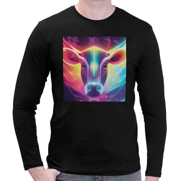 Neon Rainbow Cow | Super Soft T-shirt | Cotton Crew Neck Long sleeve T Shirt Men's