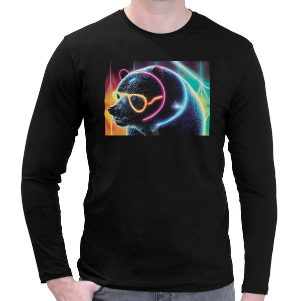 Neon Party Bear | Super Soft T-shirt | Cotton Crew Neck Long sleeve T Shirt Men's