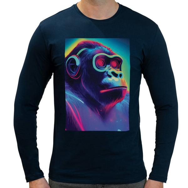 Neon Rave Gorilla | Super Soft T-shirt | Cotton Crew Neck Long sleeve T Shirt Men's