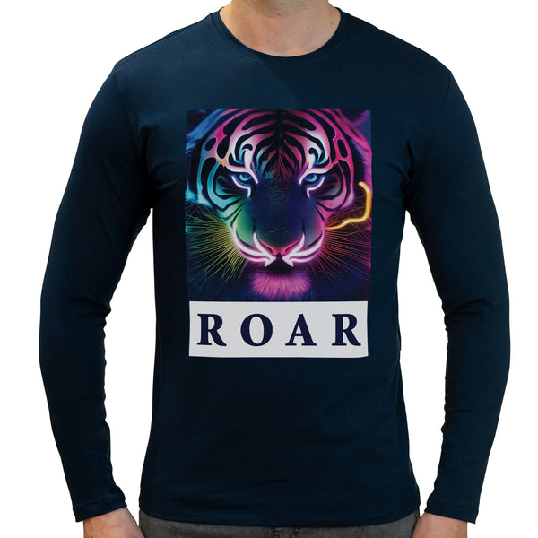 Roar Neon Rave Tiger | Super Soft T-shirt | Cotton Crew Neck Long sleeve T Shirt Men's