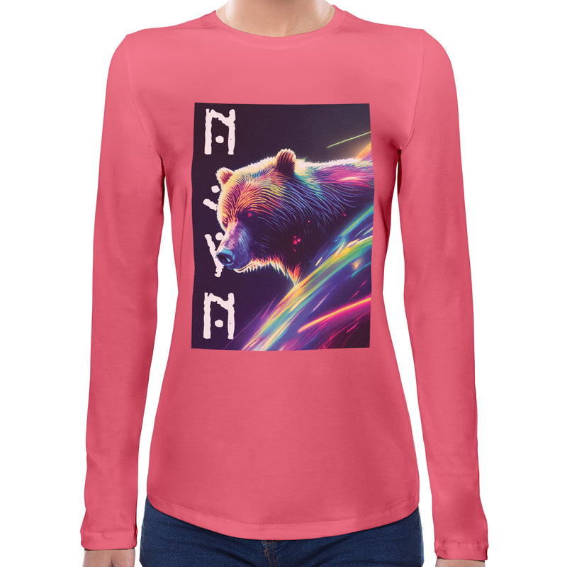 Bear Neon Rave | Super Soft Women T-shirt Long sleeve | Cotton Crew Neck Long sleeve Tees Women