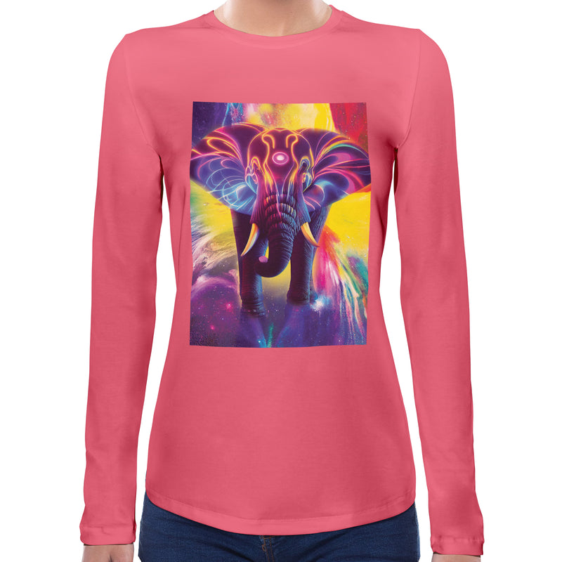 Elephant Rainbow Neon | Super Soft Women T-shirt Long sleeve | Cotton Crew Neck Long sleeve Tees Women