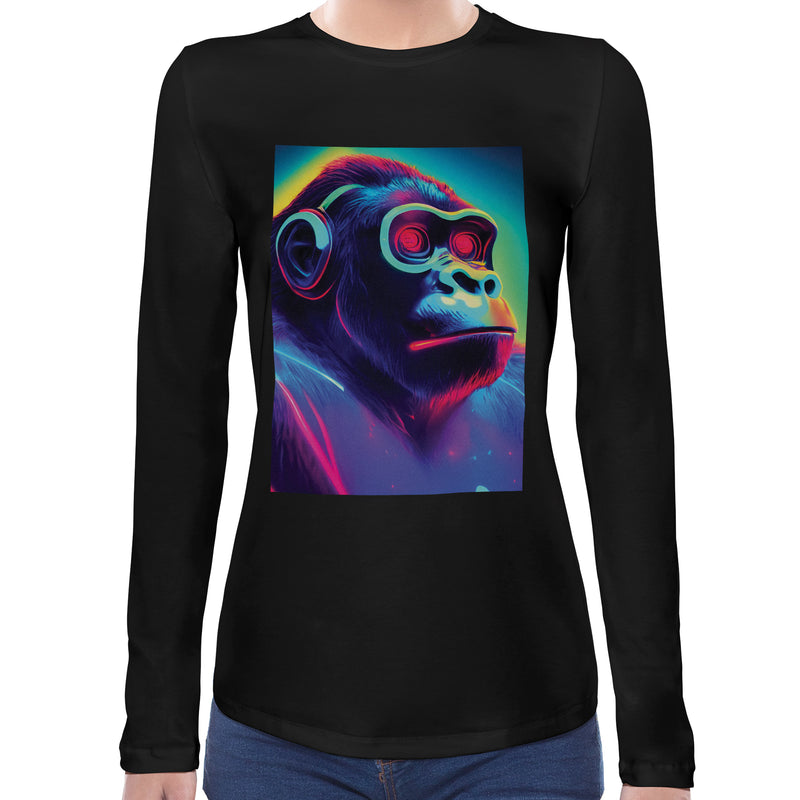 Neon Rave Gorilla | Super Soft Women T-shirt Long sleeve | Cotton Crew Neck Long sleeve Tees Women