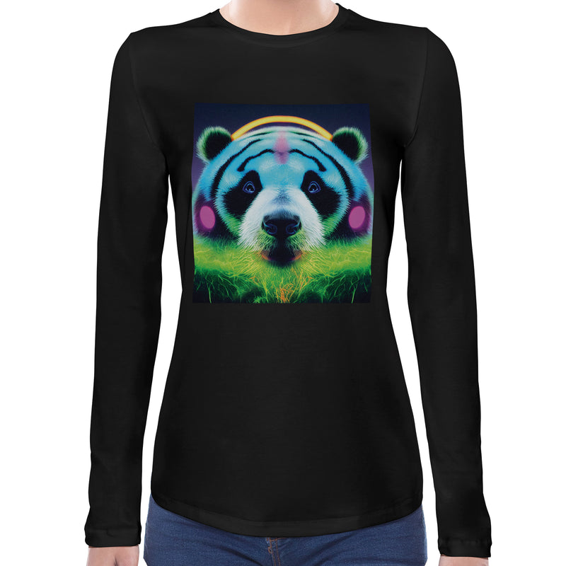 Neon Cute Panda | Super Soft Women T-shirt Long sleeve | Cotton Crew Neck Long sleeve Tees Women