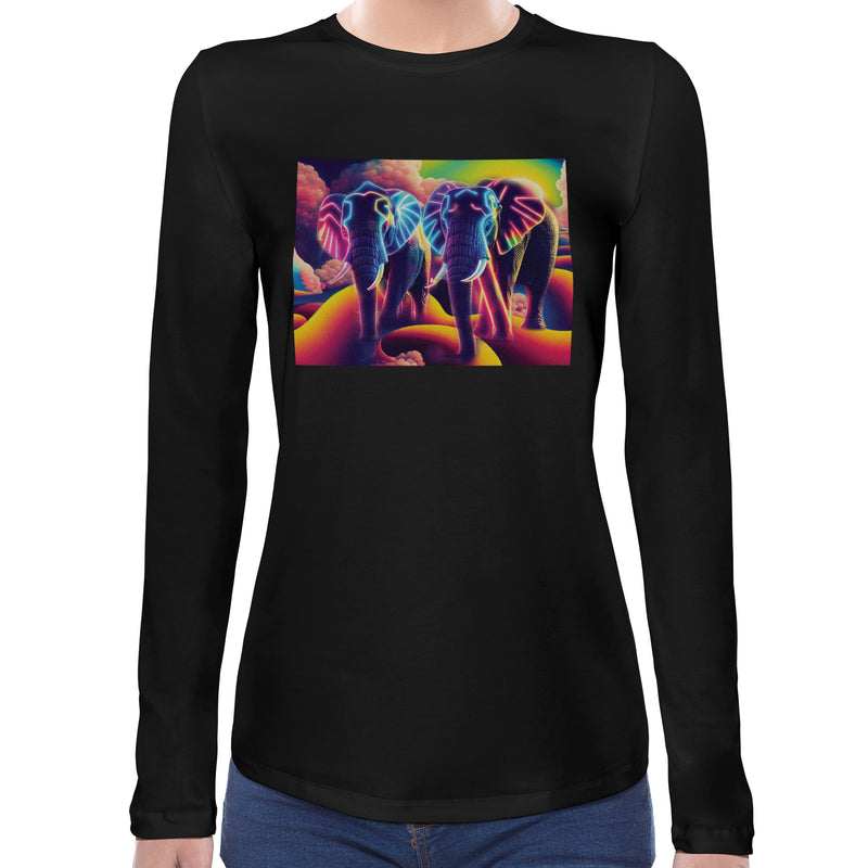 Elephant Neon | Super Soft Women T-shirt Long sleeve | Cotton Crew Neck Long sleeve Tees Women