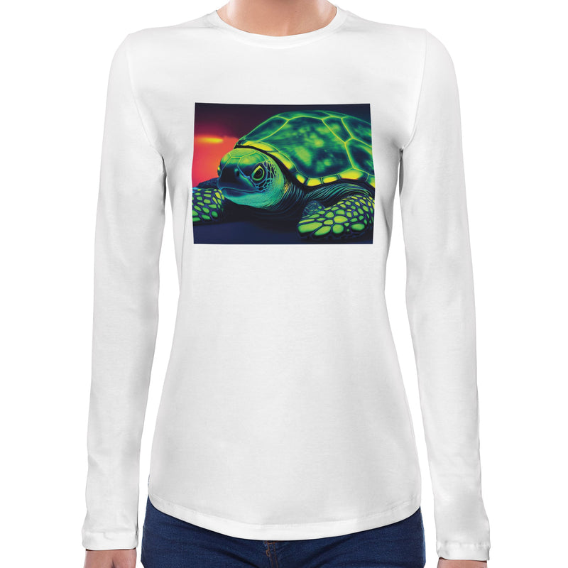 Trippy Neon Turtle | Super Soft Women T-shirt Long sleeve | Cotton Crew Neck Long sleeve Tees Women