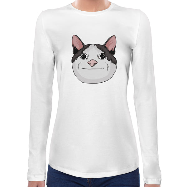 Awkward Cat Smile Meme | Super Soft Women T-shirt Long sleeve | Cotton Crew Neck Long sleeve Tees Women