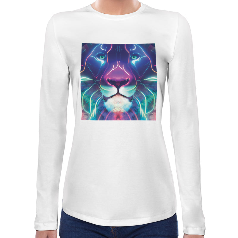 Neon Lion | Super Soft Women T-shirt Long sleeve | Cotton Crew Neck Long sleeve Tees Women