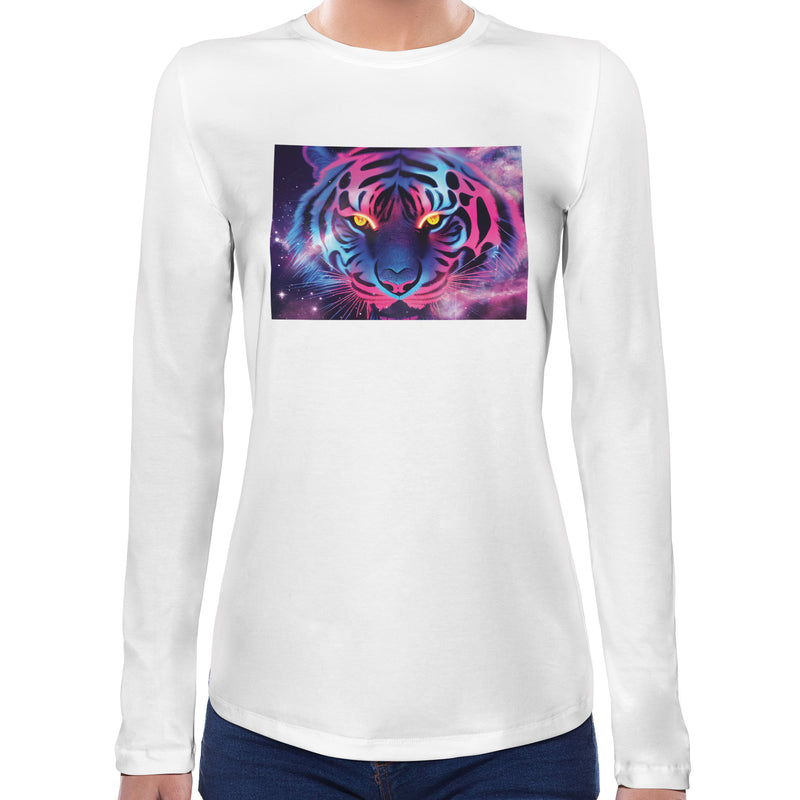 Tiger Neon Psychedelic | Super Soft Women T-shirt Long sleeve | Cotton Crew Neck Long sleeve Tees Women