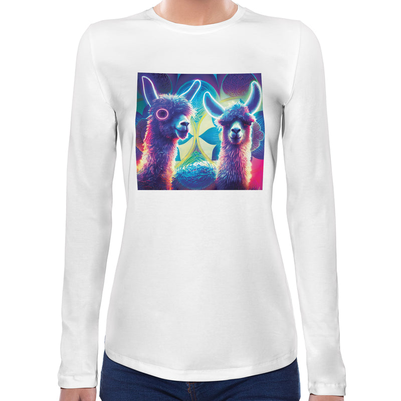 Neon Llama | Super Soft Women T-shirt Long sleeve | Cotton Crew Neck Long sleeve Tees Women