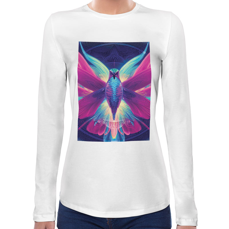 Neon Mandala Hummingbird | Super Soft Women T-shirt Long sleeve | Cotton Crew Neck Long sleeve Tees Women