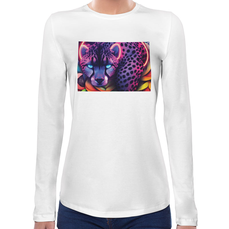 Neon Cheetah | Super Soft Women T-shirt Long sleeve | Cotton Crew Neck Long sleeve Tees Women