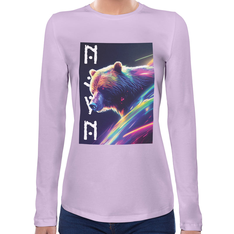 Bear Neon Rave | Super Soft Women T-shirt Long sleeve | Cotton Crew Neck Long sleeve Tees Women