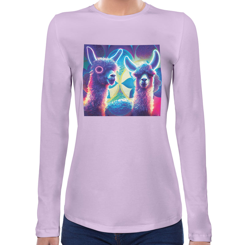 Neon Llama | Super Soft Women T-shirt Long sleeve | Cotton Crew Neck Long sleeve Tees Women