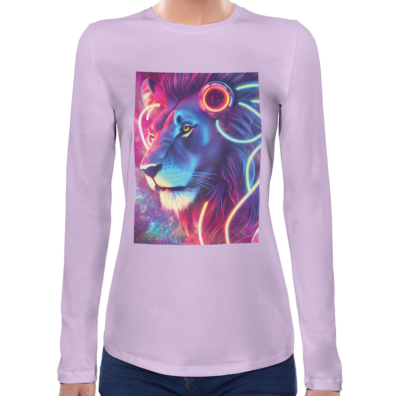Neon Rave Lion | Super Soft Women T-shirt Long sleeve | Cotton Crew Neck Long sleeve Tees Women