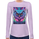 Neon Rave Owl | Super Soft Women T-shirt Long sleeve | Cotton Crew Neck Long sleeve Tees Women
