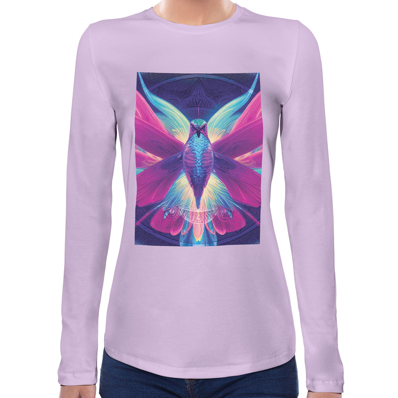 Neon Mandala Hummingbird | Super Soft Women T-shirt Long sleeve | Cotton Crew Neck Long sleeve Tees Women