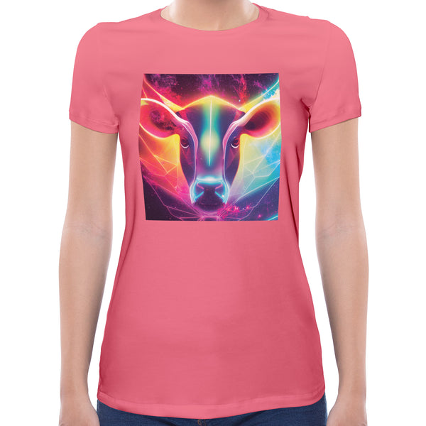 Neon Rainbow Cow | Super Soft Women T-shirt Short sleeve | Cotton Crew Neck Short sleeve Tees Women