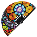 Stained Glass hand fan foldable bamboo circuit rave hand fans Flower Colorful Trippy Mandala Sacred Geometry Rainbow Intricate Abstract Mandala party gear gifts music festival rave accessories 