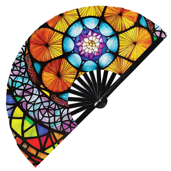 Stained Glass hand fan foldable bamboo circuit rave hand fans Flower Colorful Trippy Mandala Sacred Geometry Rainbow Intricate Abstract Mandala party gear gifts music festival rave accessories 