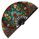 Stained Glass hand fan foldable bamboo circuit rave hand fans Flower Stained Glass Rainbow party gear gifts music festival rave accessories