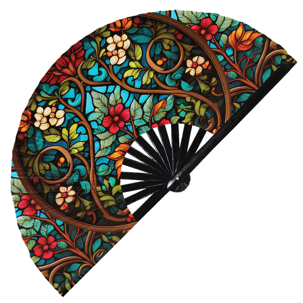 Stained Glass hand fan foldable bamboo circuit rave hand fans Flower Stained Glass Rainbow party gear gifts music festival rave accessories