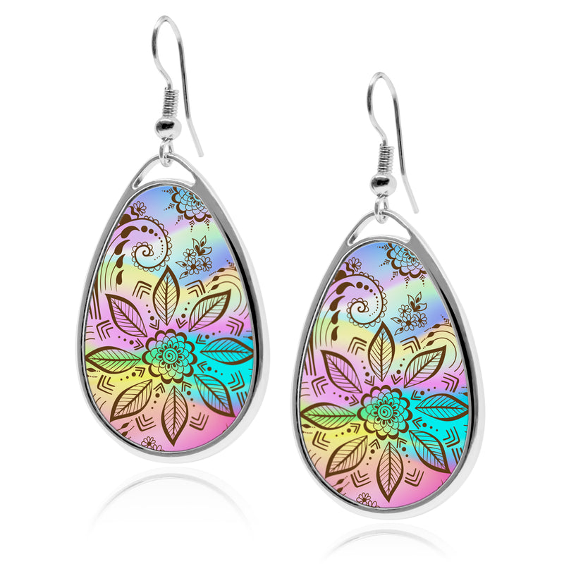 Henna Tattoo Tear drop silver earrings UV glow Stainless Dangling holographic iridescent rainbow stencil Accessory dangle cartilage earring jewelry for women