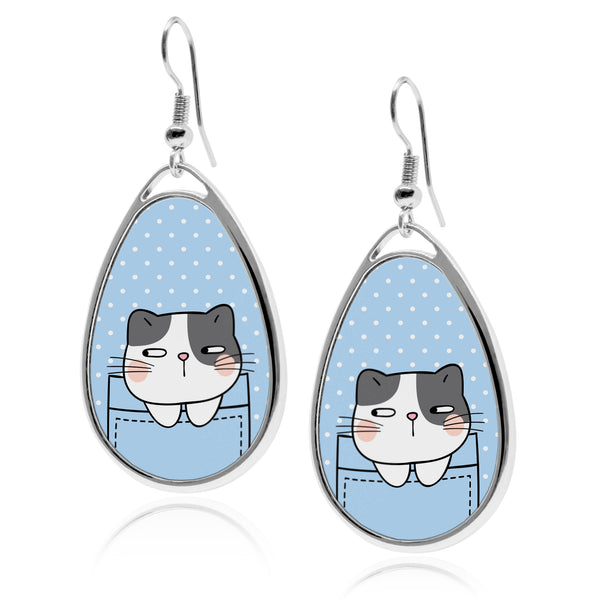 Cute Cat Pockets teardrop earrings silver earrings Stainless Dangling Ornament Funny cartoon kittens cat lovers Accessory Round Drop jewelry for women