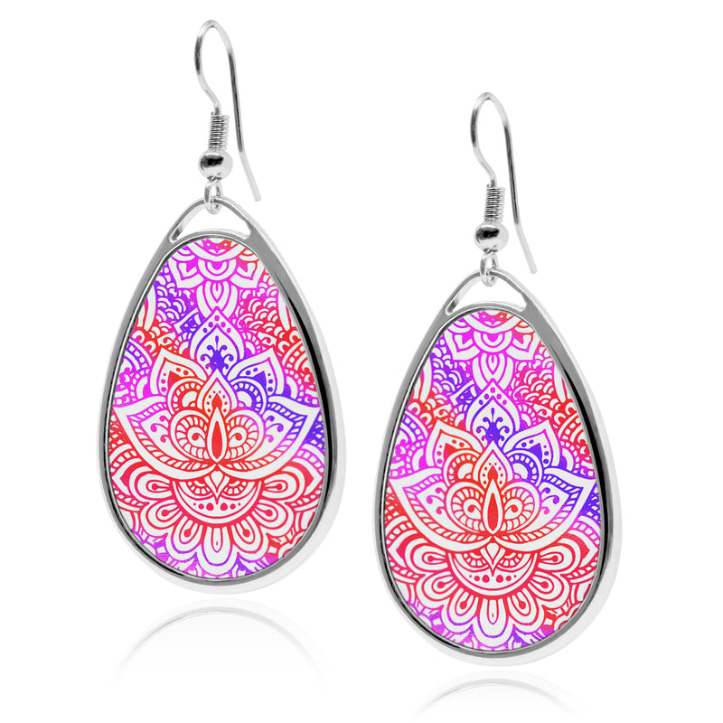 Henna Tattoo Tear drop silver earrings UV glow Stainless Dangling holographic iridescent rainbow stencil Accessory dangle cartilage earring jewelry for women