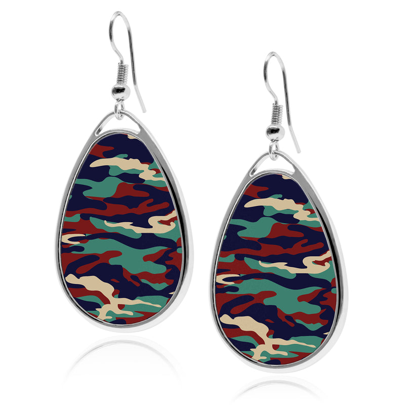 Military Camouflage Pattern Teardrop silver earrings UV glow Stainless Dangling Army Navy Camo Accessory tear shape drop jewelry