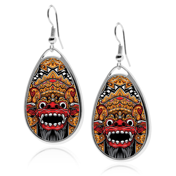 Balinese Barong Mask teardrop earrings silver earrings Stainless Dangling Ornament Artwork Decor Bali Culture Indonesia Garuda Accessory Round Drop jewelry for women
