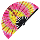 Tie Dye hand fan foldable bamboo circuit rave hand fans Bright tie dyes swirl neon colorful psychedelic rainbow multicolored texture Fan outfit party gear gifts music festival rave accessories