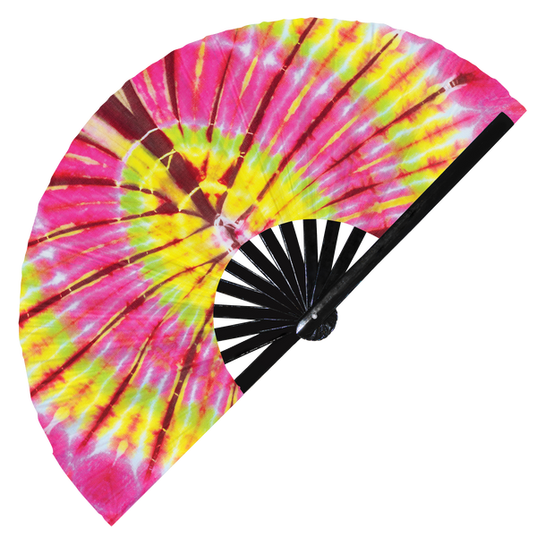 Tie Dye hand fan foldable bamboo circuit rave hand fans Bright tie dyes swirl neon colorful psychedelic rainbow multicolored texture Fan outfit party gear gifts music festival rave accessories