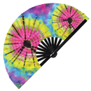 Tie Dye hand fan foldable bamboo circuit rave hand fans Bright tie dyes swirl neon colorful psychedelic rainbow multicolored texture Fan outfit party gear gifts music festival rave accessories