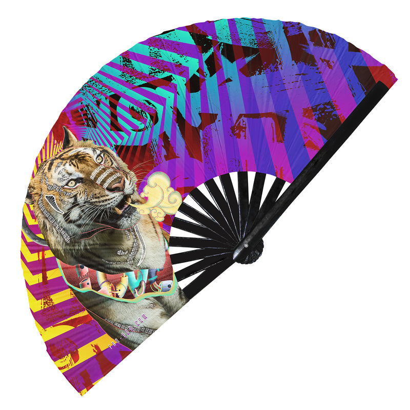 Tiger Hand fan Snap fan Festival large hand fan Clack fan UV reactive fans UV glow rave accessories EDM folding fans