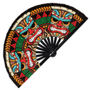 Tiki Hawaiian Mask Hand Fan UV Glow Foldable Bamboo Fan Tropical Tiki Torch Bar Tiki Decor Honolulu Hawaii Tiki Aloha Handheld Fans
