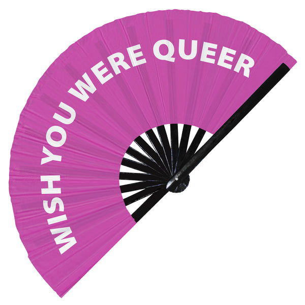 Wish You Were Queer Fan foldable bamboo circuit rave hand fans funny gag slang words expressions statement outfit party supply gear gifts music festival event rave accessories essential for men and women wear