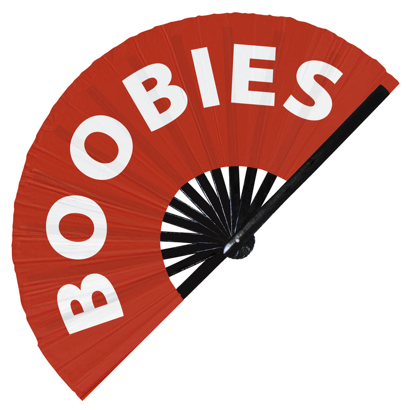 Boobies Fan foldable bamboo circuit rave hand fans funny gag slang words expressions statement outfit party supply gear gifts music festival event rave accessories essential for men and women wear