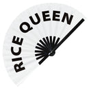 Rice Queen Fan foldable bamboo circuit rave hand fans funny gag slang words expressions statement outfit party supply gear gifts music festival event rave accessories essential for men and women wear