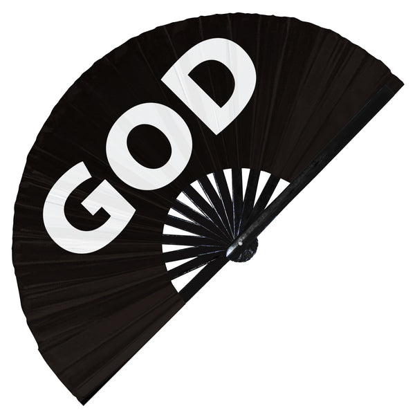 God fan foldable bamboo circuit rave hand fans funny gag slang words expressions statement outfit party supply gear gifts music festival event rave accessories essential for men and women wear
