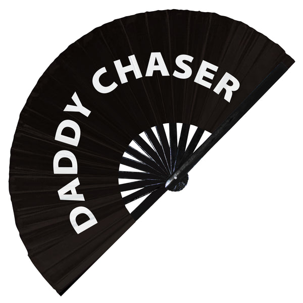 Daddy Chaser fan foldable bamboo circuit rave hand fans funny gag slang words expressions statement outfit party supply gear gifts music festival event rave accessories essential for men and women wear