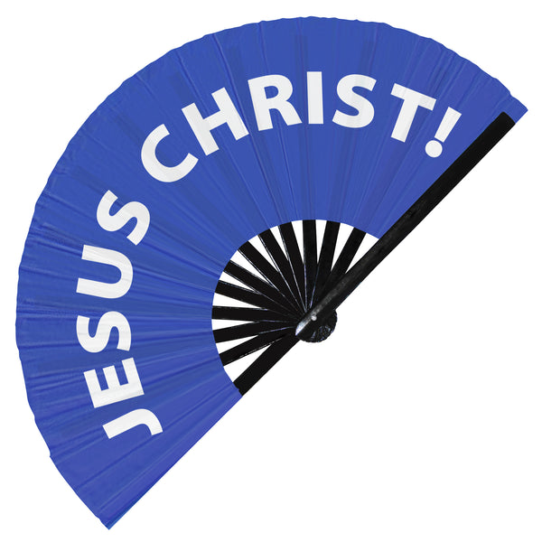 Jesus Christ! fan foldable bamboo circuit rave hand fans funny gag slang words expressions statement outfit party supply gear gifts music festival event rave accessories essential for men and women wear