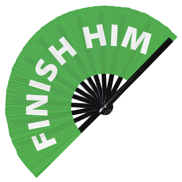 Finish Him fan foldable bamboo circuit rave hand fans funny gag slang words expressions statement outfit party supply gear gifts music festival event rave accessories essential for men and women wear