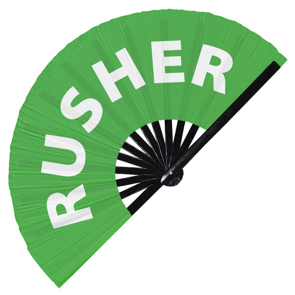 Rusher fan foldable bamboo circuit rave hand fans funny gag slang words expressions statement outfit party supply gear gifts music festival event rave accessories essential for men and women wear
