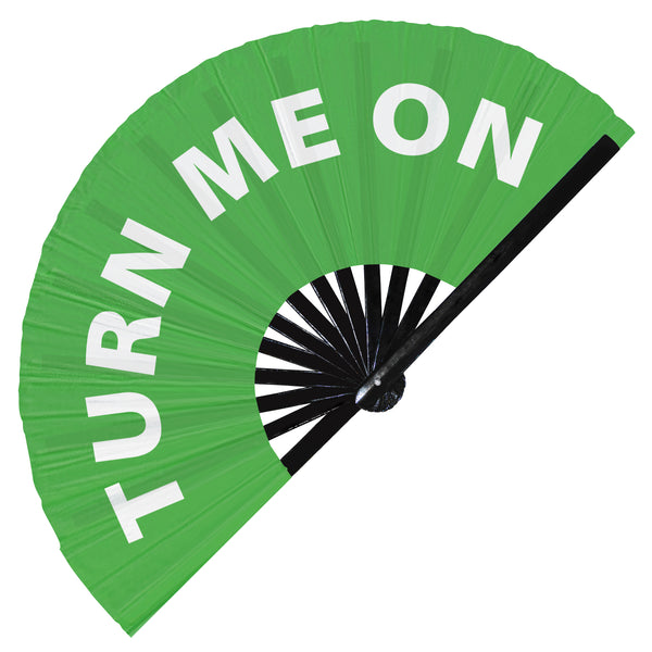 Turn Me On Hand Fan foldable bamboo circuit rave hand fans funny gag slang words expressions statement outfit party supply gear gifts music festival event rave accessories essential for men and women wear