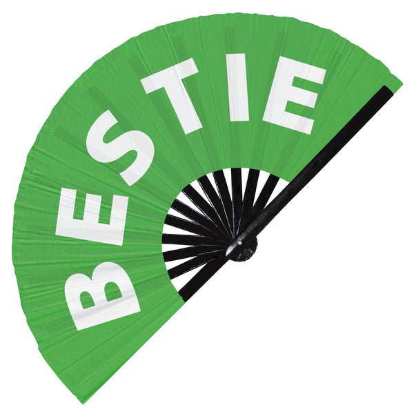 Bestie fan foldable bamboo circuit rave hand fans funny gag slang words expressions statement outfit party supply gear gifts music festival event rave accessories essential for men and women wear